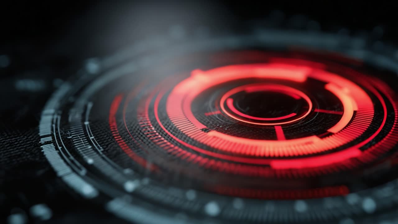 Futuristic Abstract Interface Display with Circular Patterns and Illuminated Red Elements Representing Technology and Data Visualization