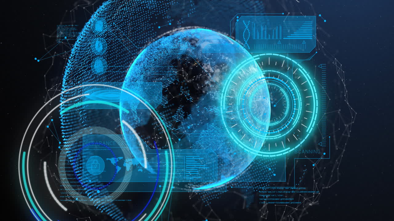 Animation of globe, scopes scanning and data processing over digital screen