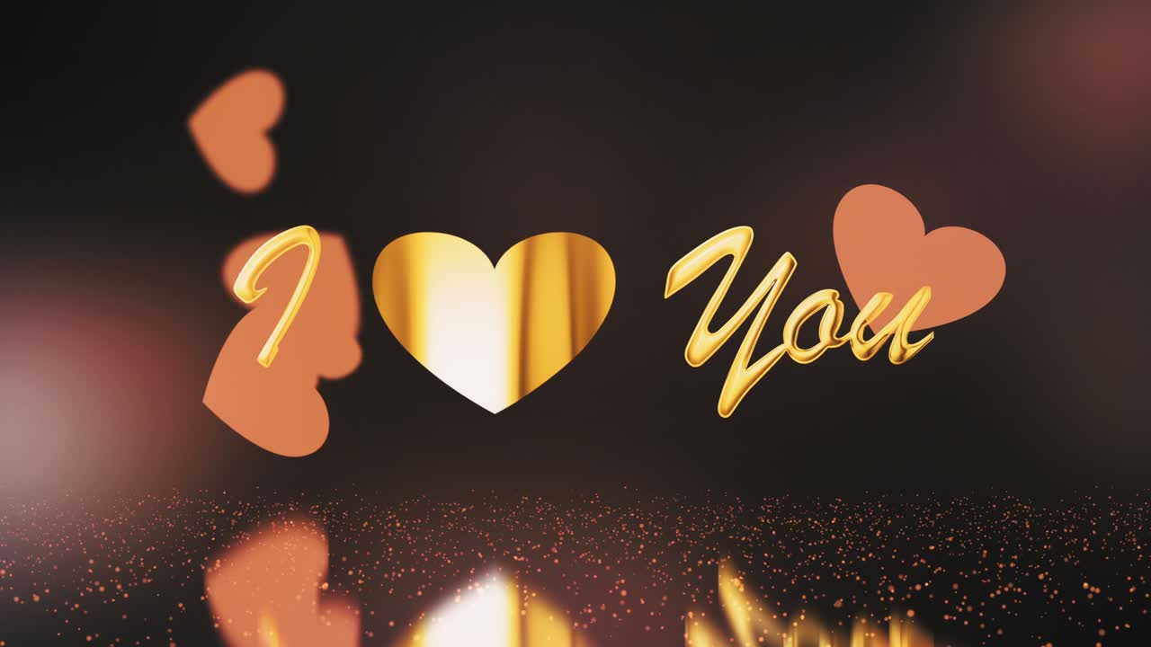 Abstract I Love You Golden text with Hearts floating on black background Loop Animation with flare light. 4K 3D loop I Love You background effect for mothers day, Marriage, Valentines day, Wedding.