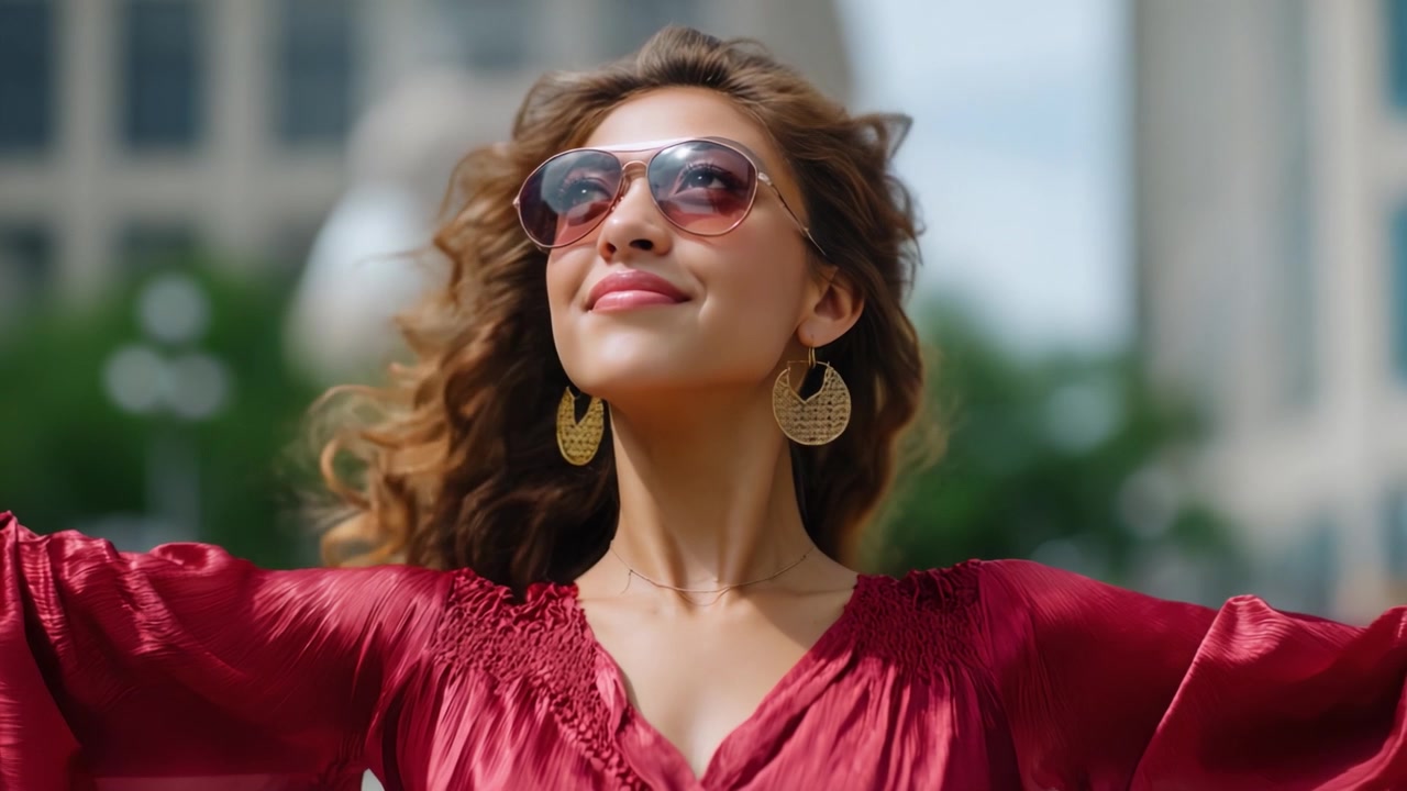 Giovane donna gioiosa con occhiali da sole e un elegante vestito rosso che si gode la giornata con un sorriso radioso in un vivace ambiente esterno con luce naturale soffusa