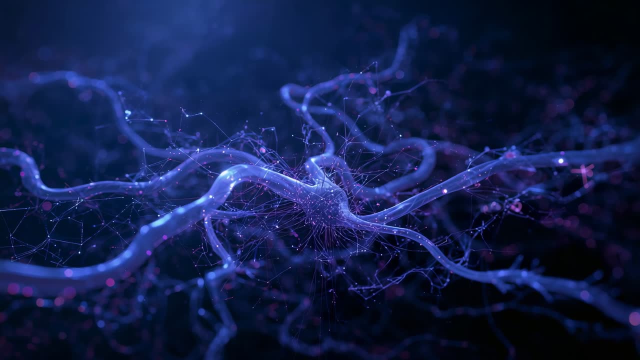Starting neuron-like central hub pulsing filaments at dark space, showing rhythmic energy flow