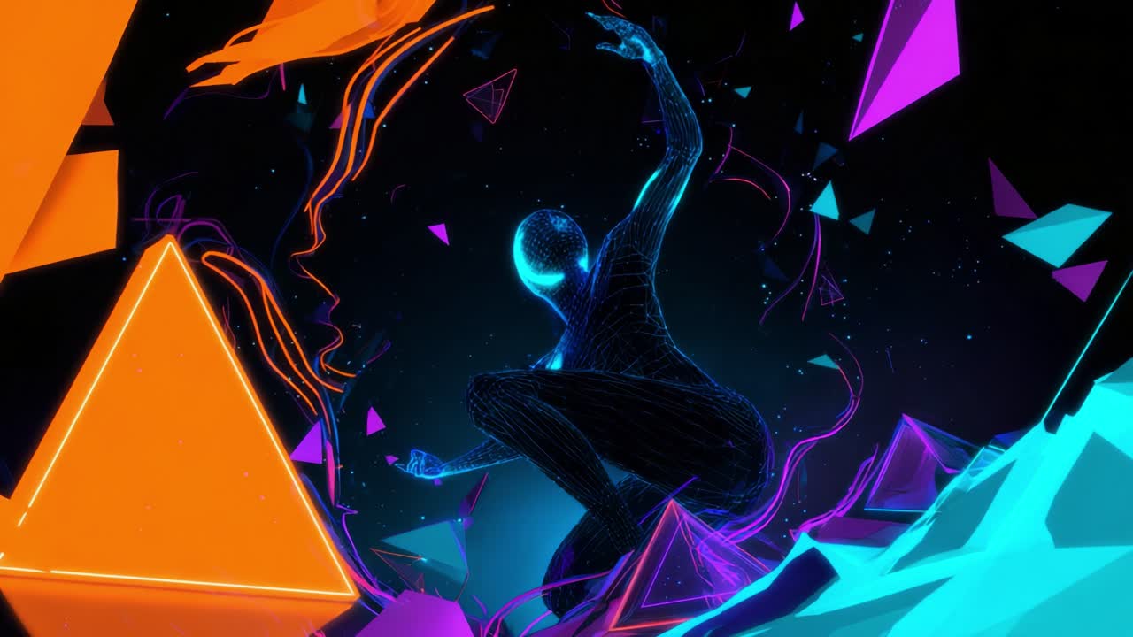 A mesmerizing figure emerges from a vibrant digital landscape, surrounded by glowing geometric shapes and dynamic light trails, showcasing an ethereal connection between art and technology