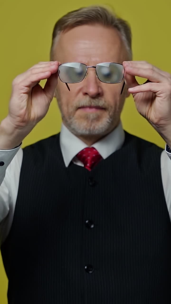 Senior man holding eyeglasses in front of himself. Magnifying glasses in man's hands showing big funny eyes of an old man. Slow motion. Vertical video