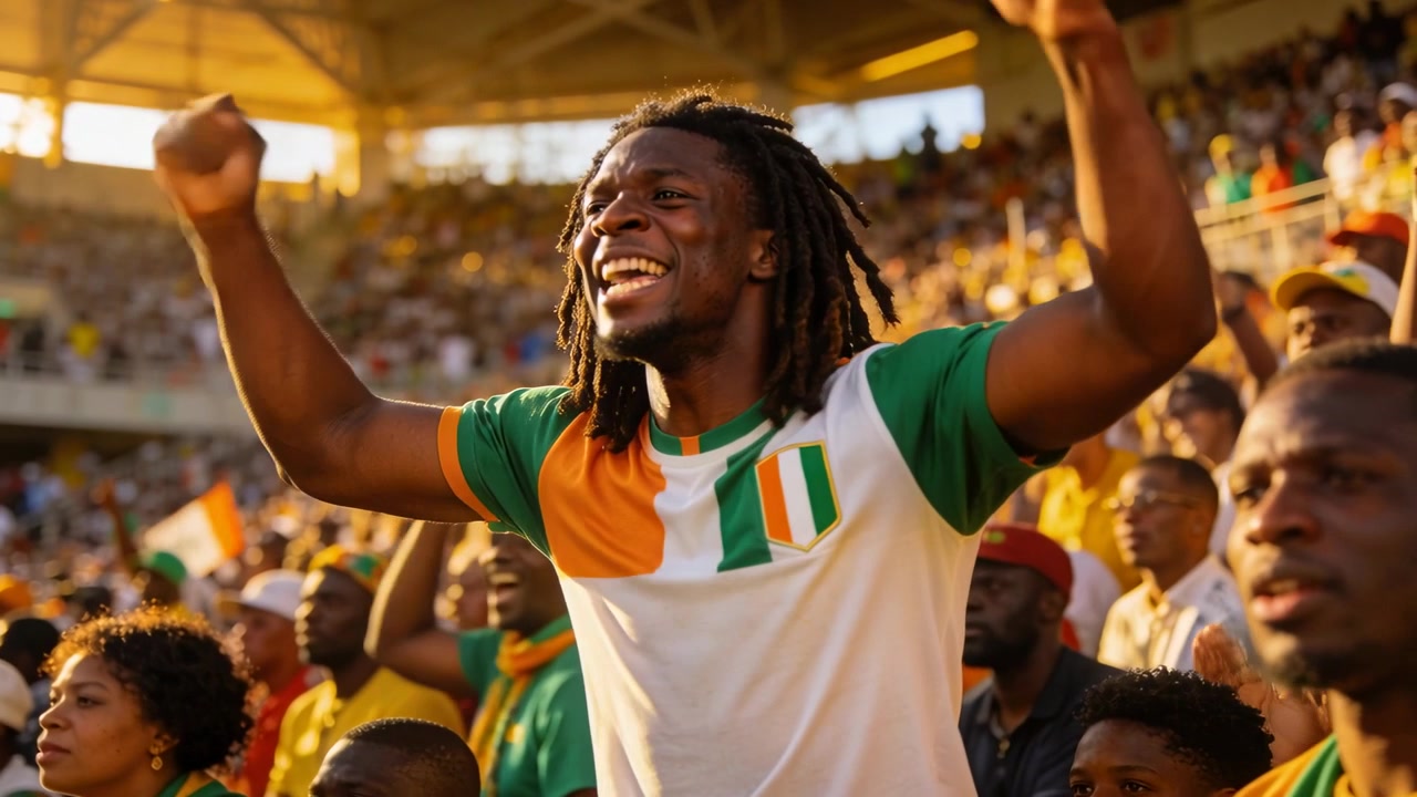 Responding to crowd cheer, man with dreads wearing jersey with flag emblem, raising fists in stands