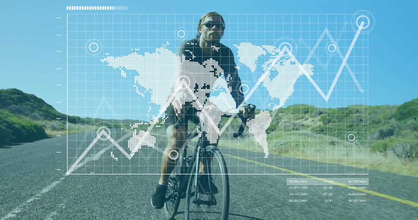 Ciclista uomo si avvicina alla telecamera su strada, generando indicatori animati su una mappa del mondo e un grafico delle tendenze tecnologiche.