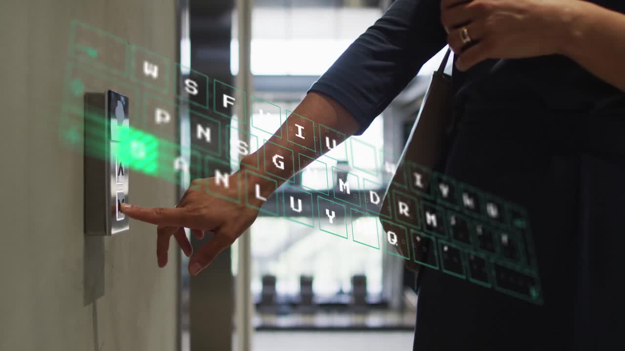 Animation of data processing over caucasian businesswoman in office