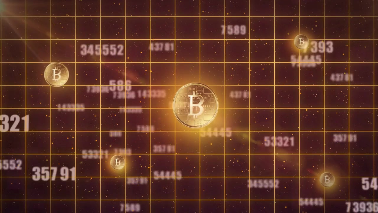 Câmera dando zoom e panorâmica, moeda Bitcoin pulsando, rótulos numéricos se multiplicando visualizando o crescimento.
