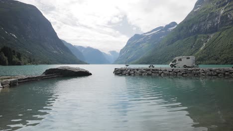 family vacation travel rv, holiday trip in motorhome. beautiful nature norway natural landscape.