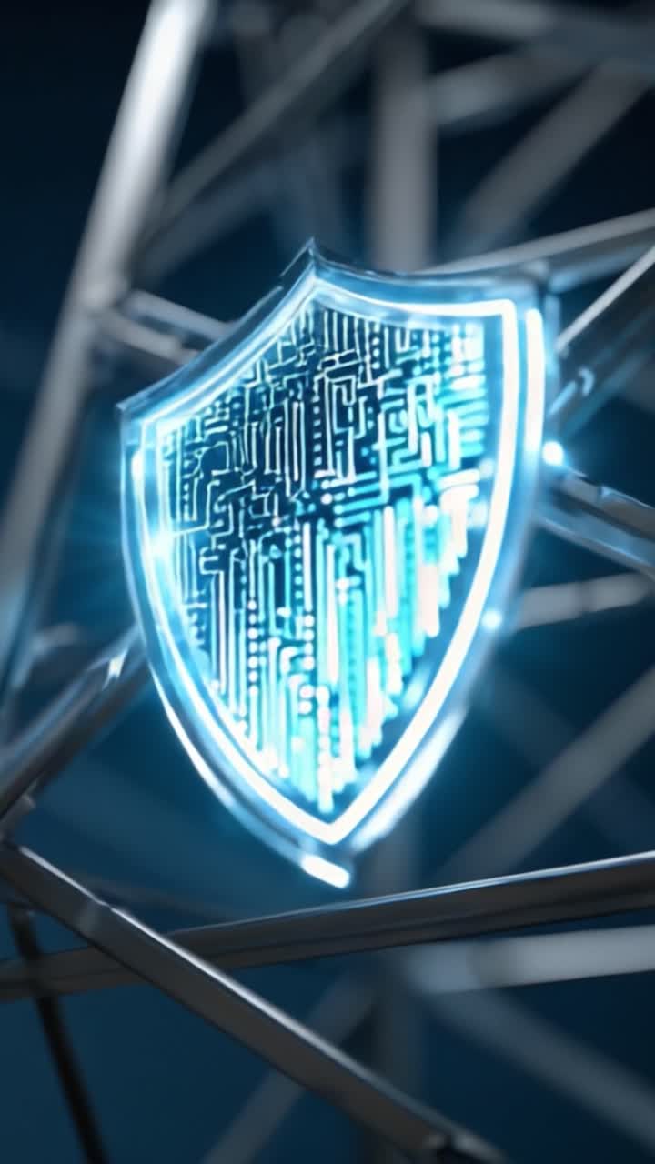 A High-Tech Shield Symbolizing Cybersecurity and Protection Against Digital Threats with a Futuristic Design and Glow on a Metallic Structure