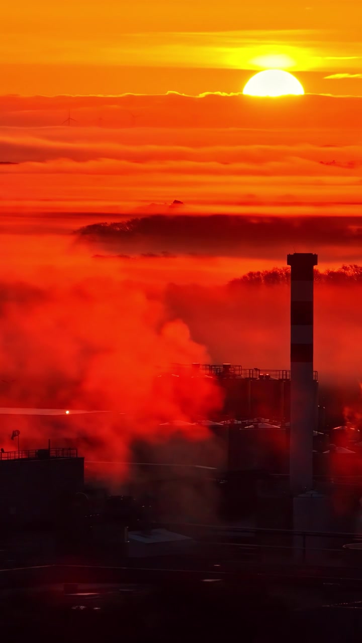 Industrielle Verschmutzung steigt unter dramatischem orangefarbenen Sonnenuntergang in vertikaler Ansicht auf.
