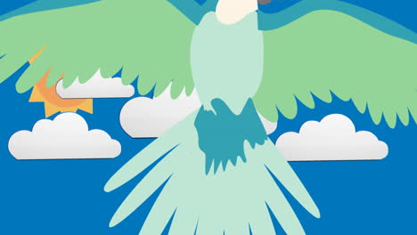 animación de la ilustración de un loro volando sobre nubes sobre fondo azul