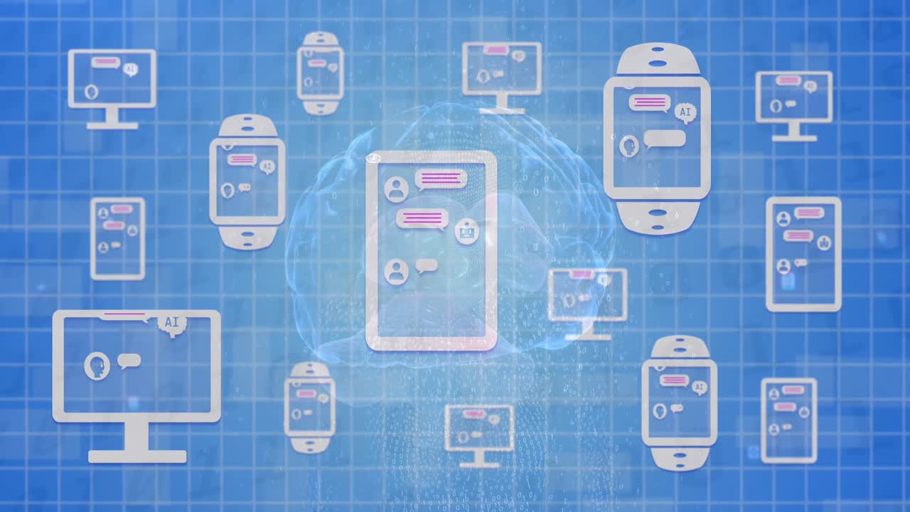 인간 뇌를 통해 전자 장치에서 온라인 ai 채팅 처리의 애니메이션