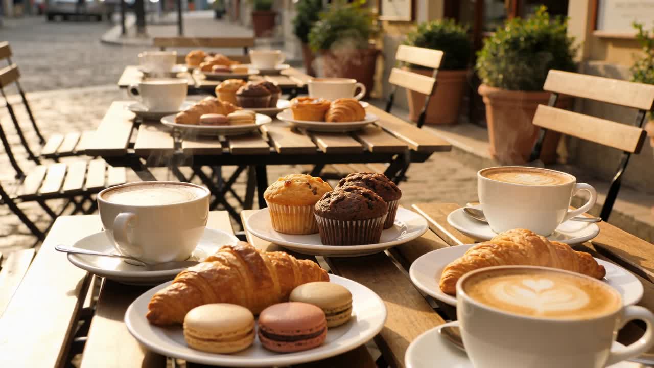La telecamera si allontana rivelando un tavolo da caffè in strada, mostrando croissant e latte art preparati per gli ospiti.