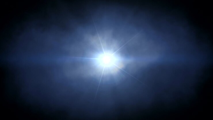 Podiumlicht mist met spectrum lensflares achtergrondlus. Heldere podium gloeiende lichten Amber-Blauw