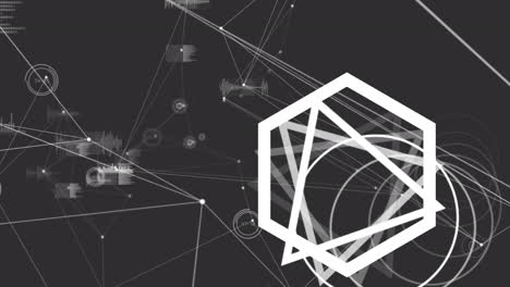 animación de formas blancas a través de una red de conexiones y procesamiento de datos sobre fondo negro