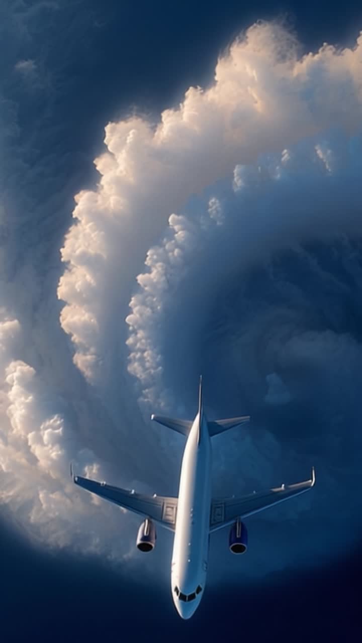 Splendida Vista Aerea di un Aereo in una Spirale di Nuvole Turbolente, Che Cattura le Dinamiche del Volo Attraverso una Formazione Celeste Ipnotizzante di Vapore e Nuvole
