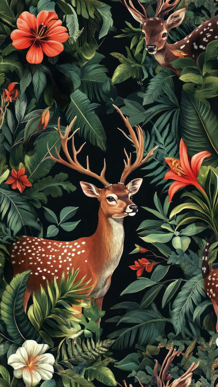 Spotted Deer in Lush Tropical Jungle Foliage