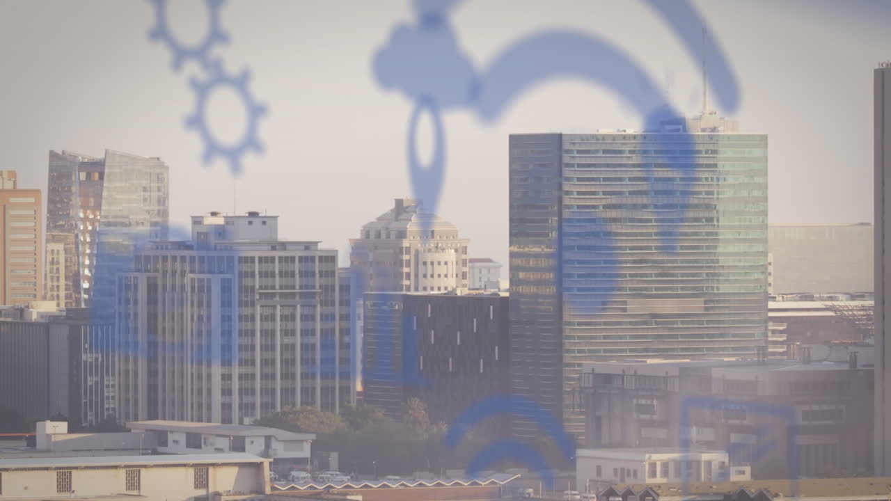 도시 풍경 위의 아이콘의 애니메이션