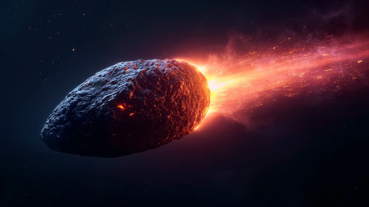 Bocche di sfogo divampanti, meteoroide roccioso che emette una scia di plasma nello spazio profondo, perdendo frammenti incandescenti