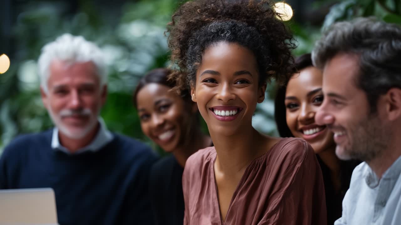 A joyful and engaging moment shared among a diverse group of friends, featuring laughter and connection in a vibrant setting filled with greenery and natural light, highlighting their camaraderie and warmth