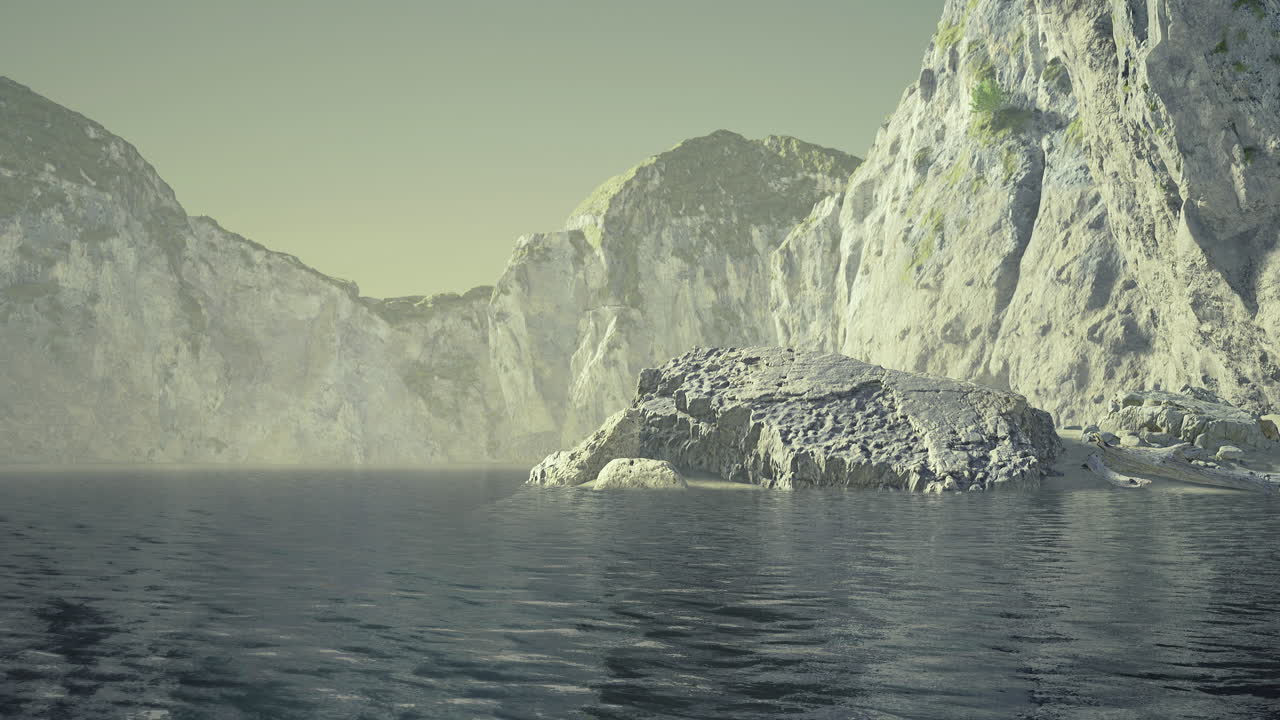 Majestic cliffs rise from tranquil waters under a soft morning haze