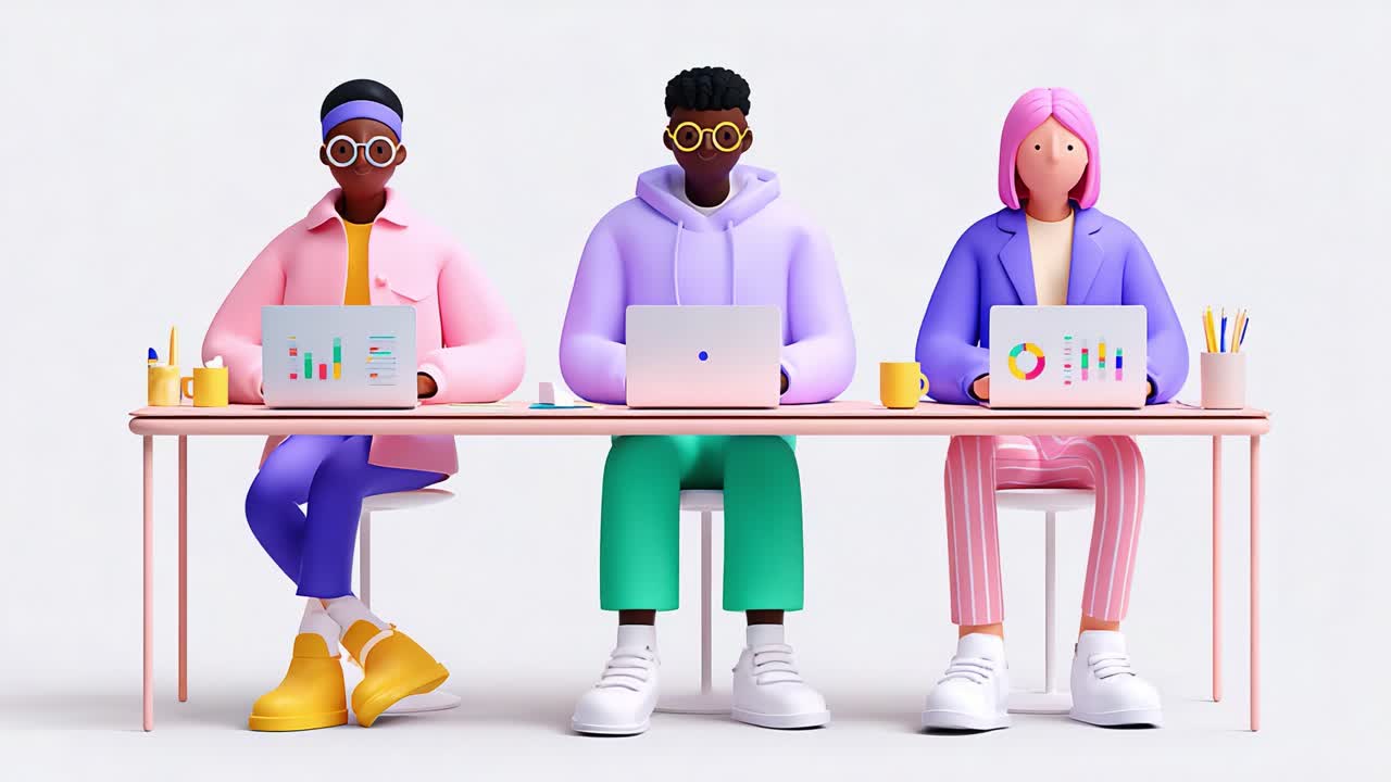 A diverse group of three stylized individuals working collaboratively on laptops at a modern workspace, focused on productivity and sharing ideas in a vibrant, animated setting