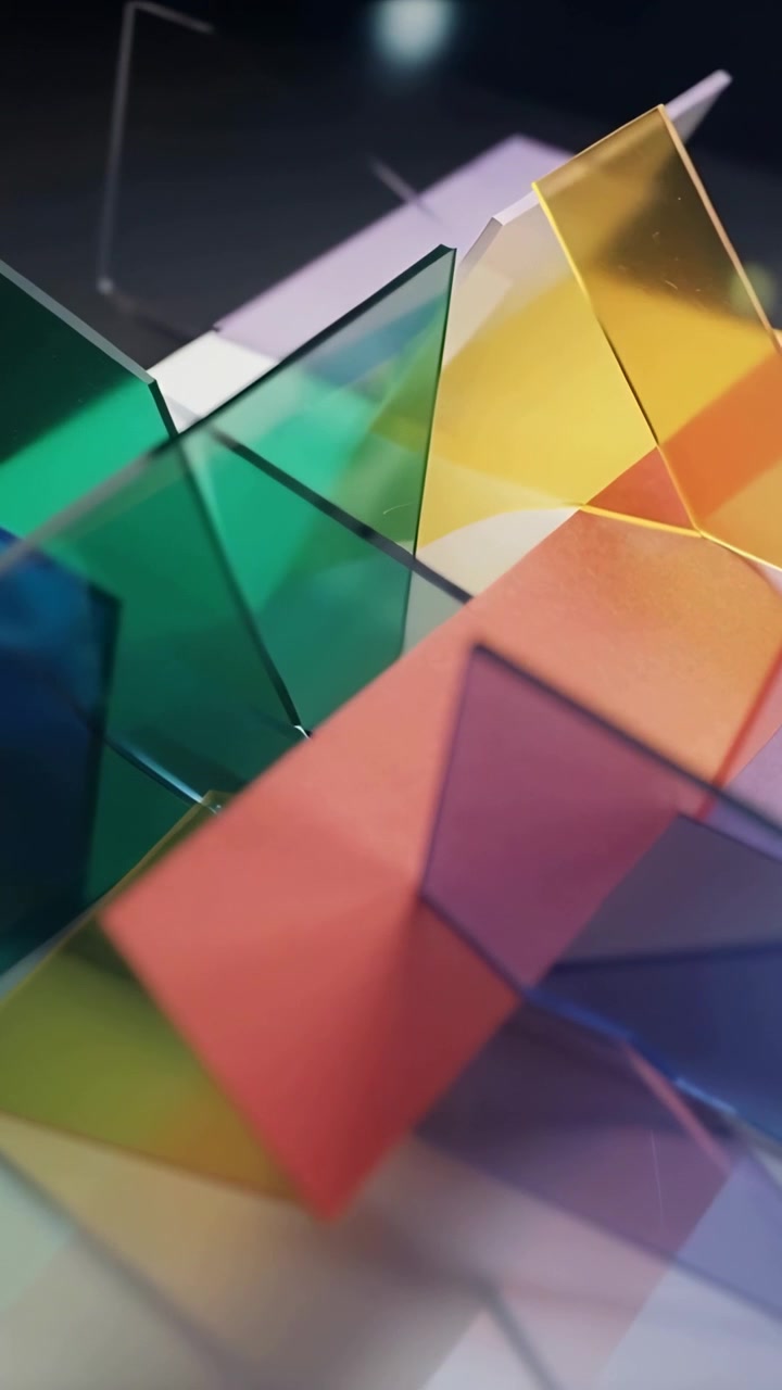 Vertical video: Moving camera revealing translucent panels on studio table, showing color mixing
