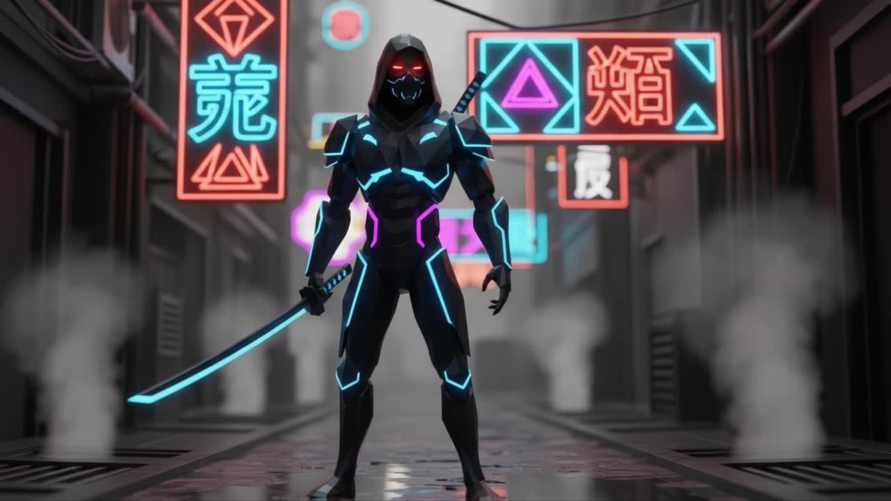 A Shadowy Warrior Stands in a Neon-Drenched Alley, Exuding a Mysterious Aura with a Sword in Hand Amidst a Futuristic Urban Landscape