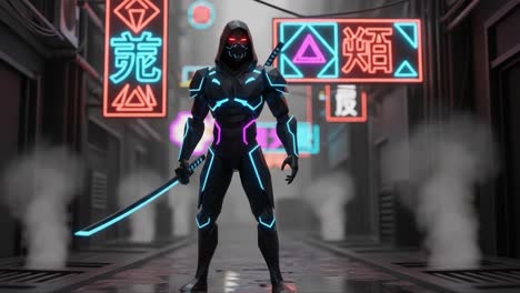 a shadowy warrior stands in a neon-drenched alley, exuding a mysterious aura with a sword in hand amidst a futuristic urban landscape