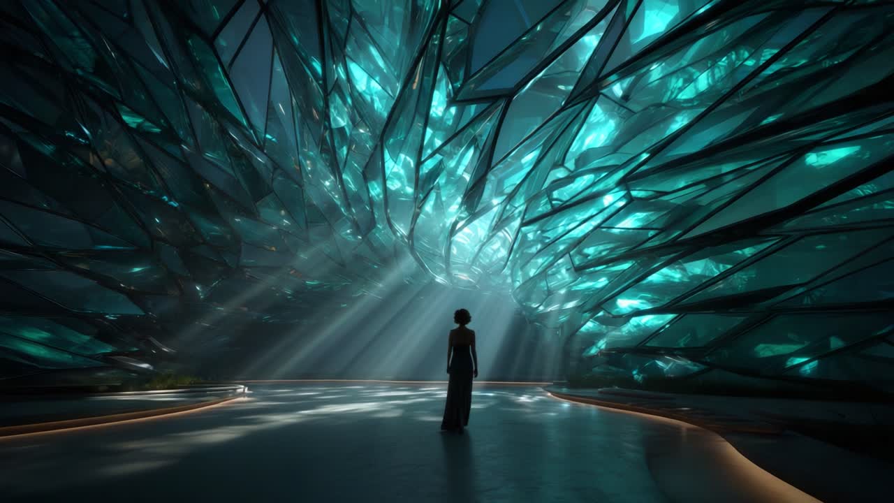 A solitary figure stands in awe within a mesmerizing, futuristic environment characterized by shimmering, crystalline structures and dramatic lighting, evoking a sense of wonder and tranquility