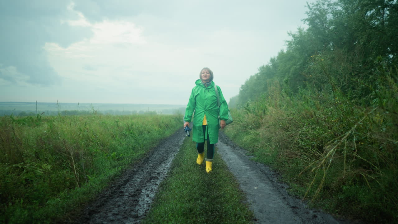 Woman in green raincoat carrying mint-colored bag and umbrella, wearing yellow rain boots, walking along a muddy path surrounded by greenery and trees under a misty sky
