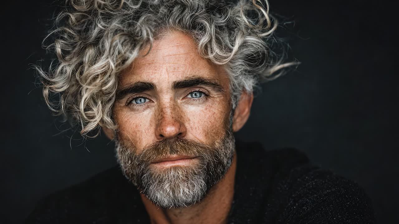 Un ritratto sorprendente di un uomo con capelli grigi ricci e una barba ben curata, che mette in mostra i suoi intensi occhi blu e un aspetto robusto ma raffinato su uno sfondo scuro e suggestivo.