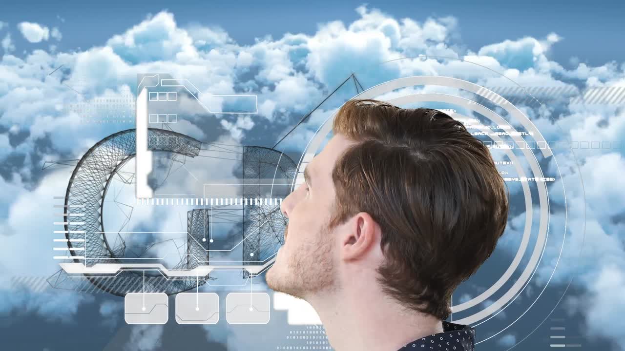 구름이 가득한 하늘 위에서 사람과 디지털 인터페이스의 애니메이션