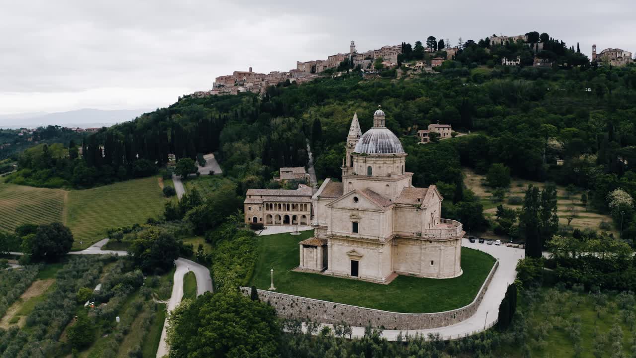 Drone shot of the Sanctuary of the Madonna di San Biagio in Italy's Tuscan countryside