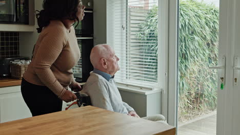 caregiver assisting senior man in wheelchair at home