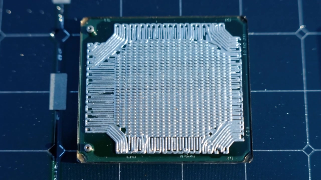 Revealing camera dollying and focusing on square chip at lab, showing dense contact array
