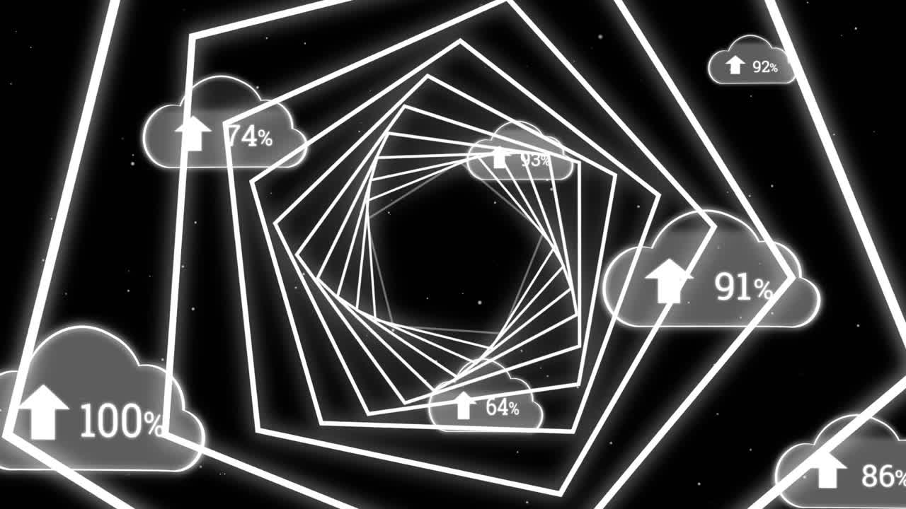 Animation of clouds with growing number over neon pentagons