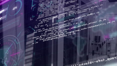 animation of data processing and world map over server room