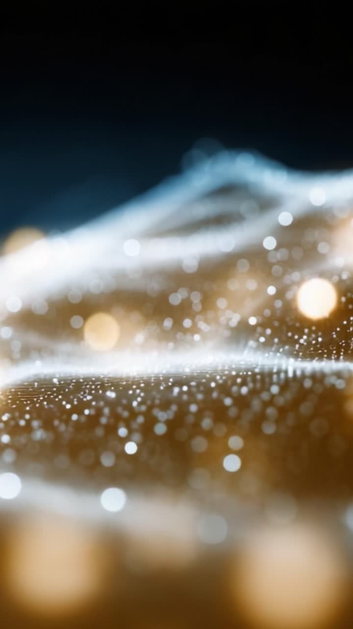 Una splendida immagine di particelle digitali dinamiche che fluiscono in onde luminose, creando un'esperienza eterea di luce e movimento, catturata in due fasi