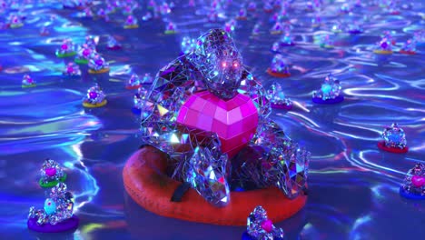 love concept. diamond gorilla swims on a life buoy and holds a red heart in his hands. 3d animation of seamless loop