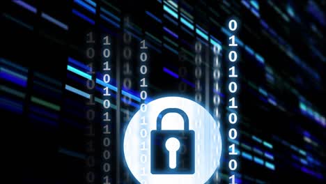 Animation of binary coding, network of connections and online security padlock over dark background