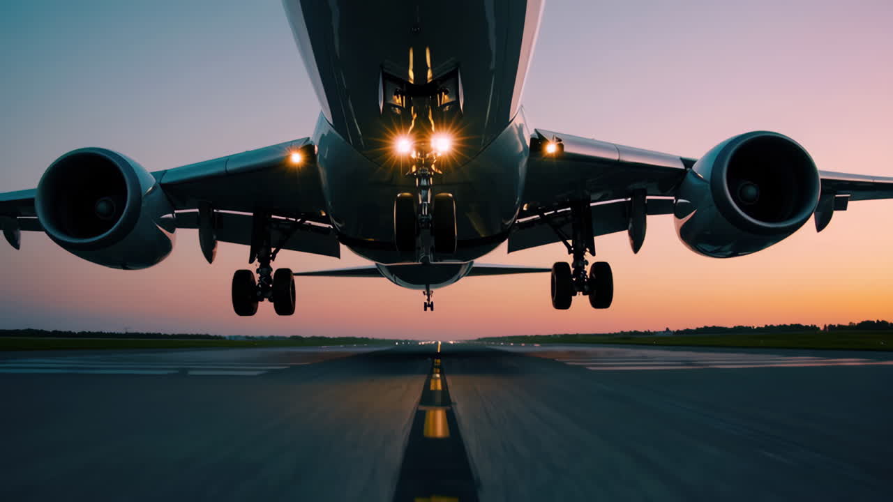 aterrizaje del avión al atardecer