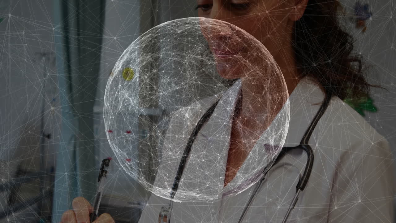 Network of connections and data processing animation over doctor in hospital