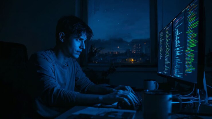 Facing deadline, software developer typing code on dual monitors at home office, copy space