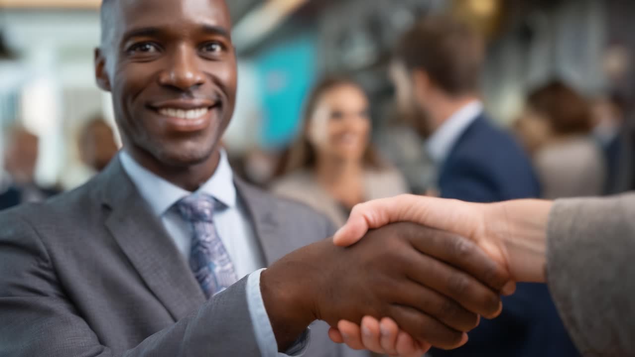 A Professional Handshake: A Businessman Engages in a Friendly Exchange During a Networking Event, Representing Collaboration and Opportunities in Corporate Culture