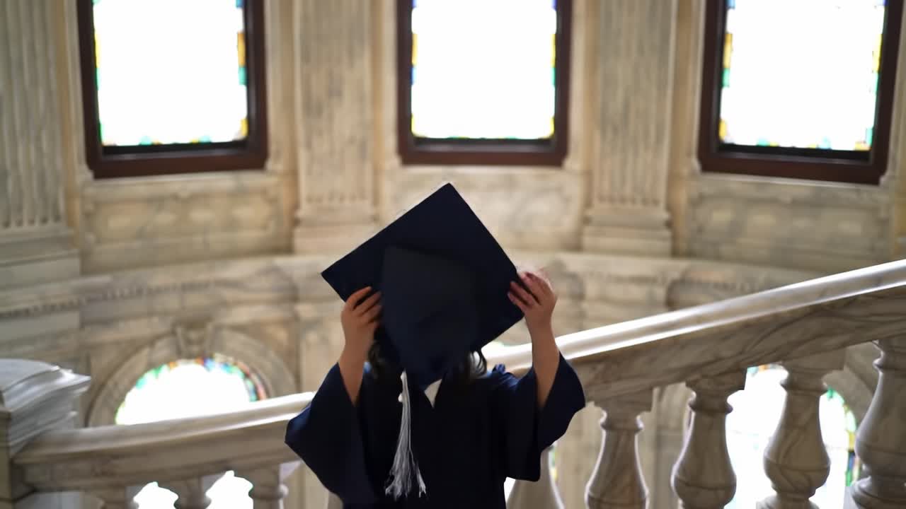 A joyful graduate throws her cap in the air while standing on a grand staircase. The elegant architecture and stained glass windows create a memorable backdrop for this special moment.