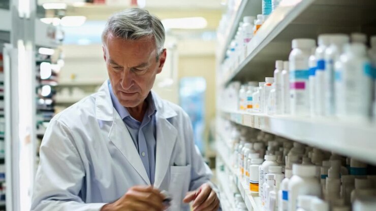 A pharmacist in a lab coat examines shelves of medicine. The side angle video captures a focused
