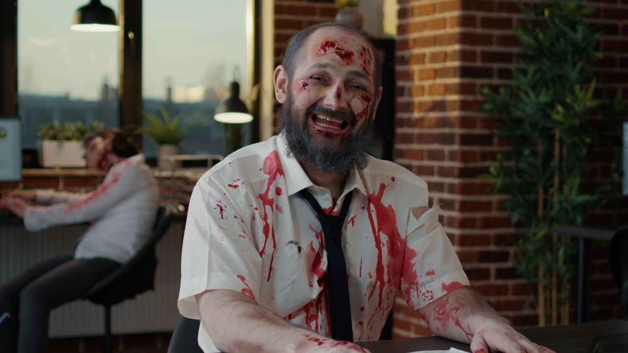 Creepy office zombie with bloody and deep face scars smirking spooky while giving thumbs up
