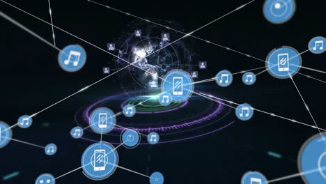 Netzwerk-Digitaler-Symbole-Vor-Einem-Sich-Drehenden-Globus-über-Einem-Runden-Scanner-Auf-Schwarzem-Hintergrund