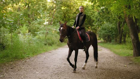 attractive woman riding beautiful brown horse in park. beautiful female rider sitting in saddle on stallion and walking through